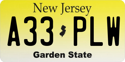 NJ license plate A33PLW
