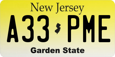 NJ license plate A33PME