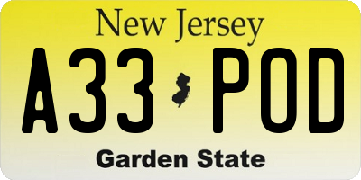 NJ license plate A33POD