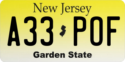 NJ license plate A33POF