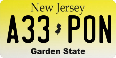 NJ license plate A33PON
