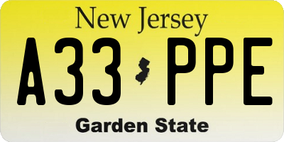 NJ license plate A33PPE