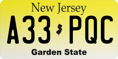 NJ license plate A33PQC