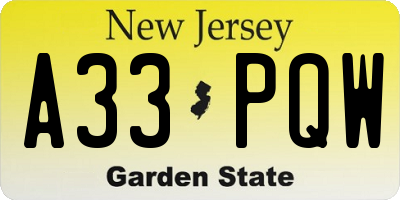 NJ license plate A33PQW