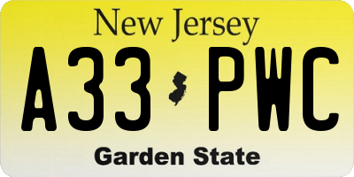 NJ license plate A33PWC