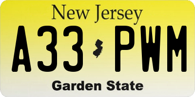 NJ license plate A33PWM