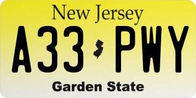NJ license plate A33PWY