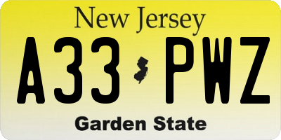 NJ license plate A33PWZ
