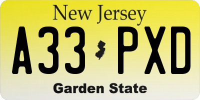 NJ license plate A33PXD