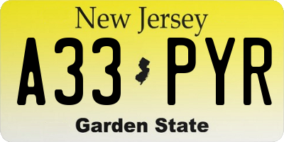 NJ license plate A33PYR