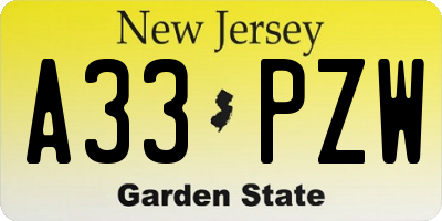 NJ license plate A33PZW