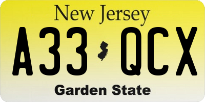 NJ license plate A33QCX