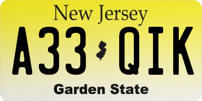 NJ license plate A33QIK