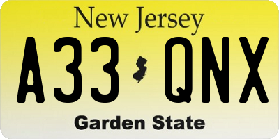 NJ license plate A33QNX