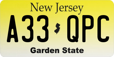 NJ license plate A33QPC