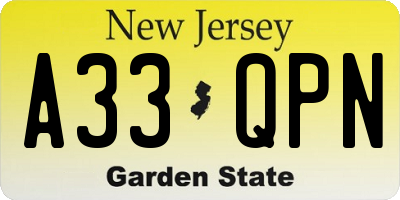 NJ license plate A33QPN