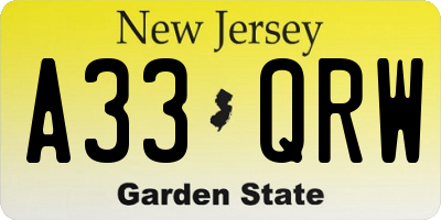 NJ license plate A33QRW