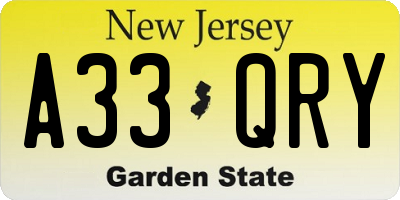 NJ license plate A33QRY