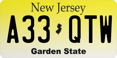 NJ license plate A33QTW