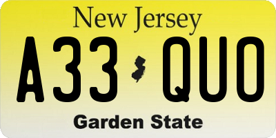 NJ license plate A33QUO