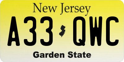 NJ license plate A33QWC