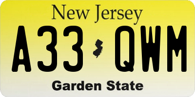 NJ license plate A33QWM