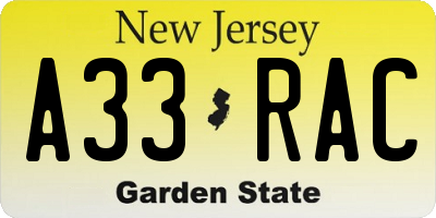 NJ license plate A33RAC