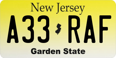 NJ license plate A33RAF