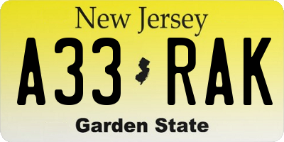 NJ license plate A33RAK