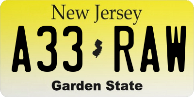 NJ license plate A33RAW