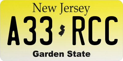 NJ license plate A33RCC