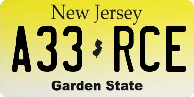 NJ license plate A33RCE