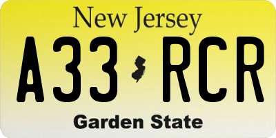 NJ license plate A33RCR