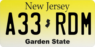 NJ license plate A33RDM