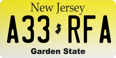 NJ license plate A33RFA