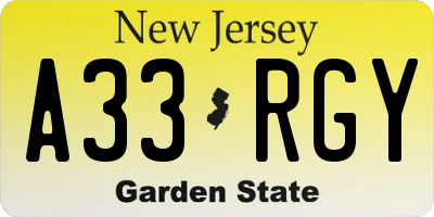 NJ license plate A33RGY