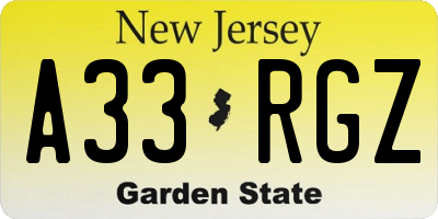NJ license plate A33RGZ