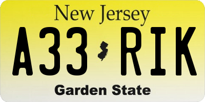 NJ license plate A33RIK