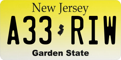 NJ license plate A33RIW