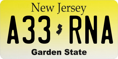 NJ license plate A33RNA