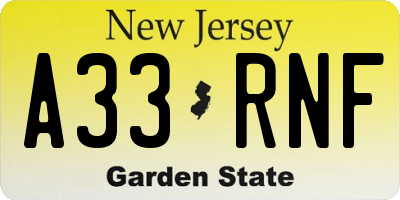 NJ license plate A33RNF