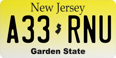 NJ license plate A33RNU