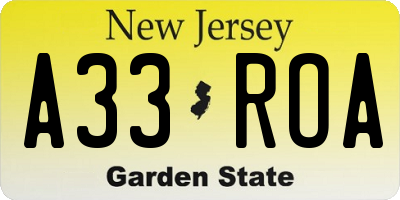 NJ license plate A33ROA