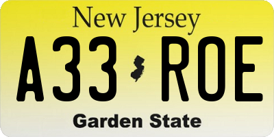 NJ license plate A33ROE