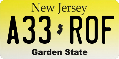 NJ license plate A33ROF