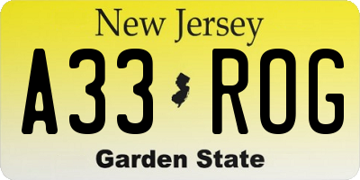NJ license plate A33ROG