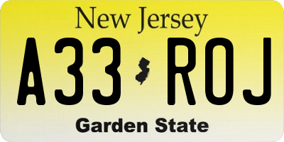 NJ license plate A33ROJ