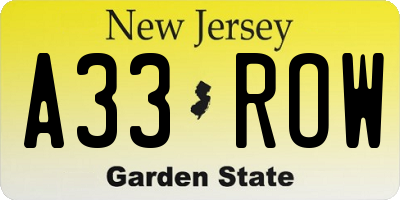NJ license plate A33ROW