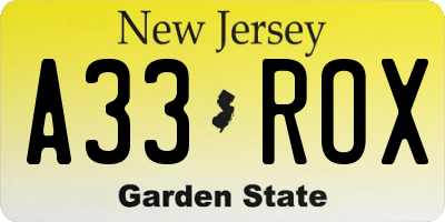 NJ license plate A33ROX