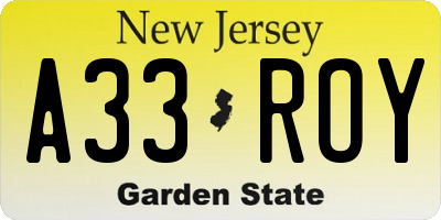 NJ license plate A33ROY
